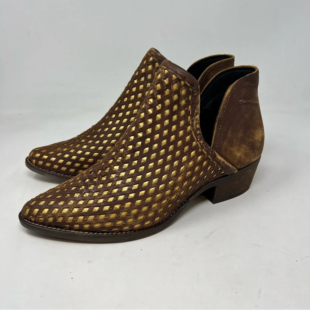 Musse & Cloud Brown Gold Laser Cut Leather Western Booties Size 8 - Picture 3 of 10